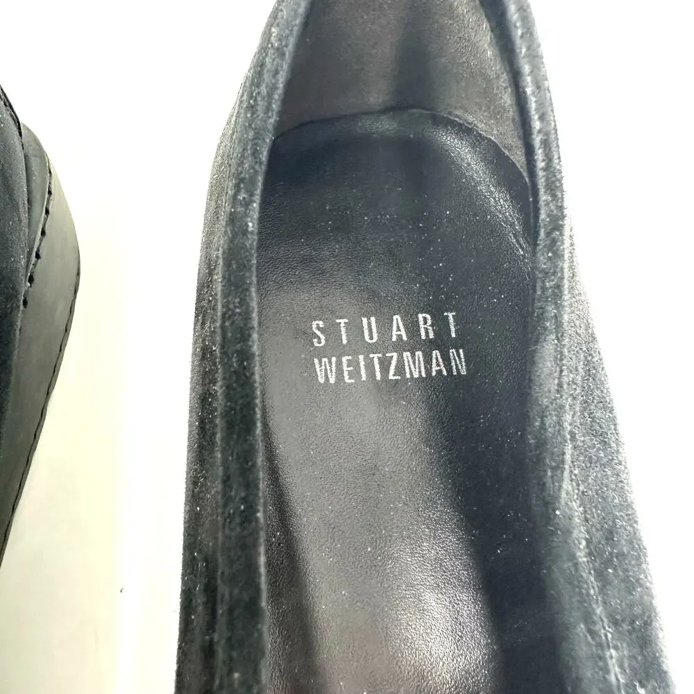 Stuart Weitzman Size 10 Flats Black Suede Loafers Stitched Buckle Slip On Casual